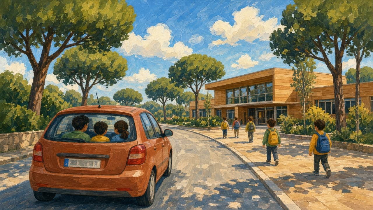 Coche naranja llegando a un colegio entre pinos, por la mañana