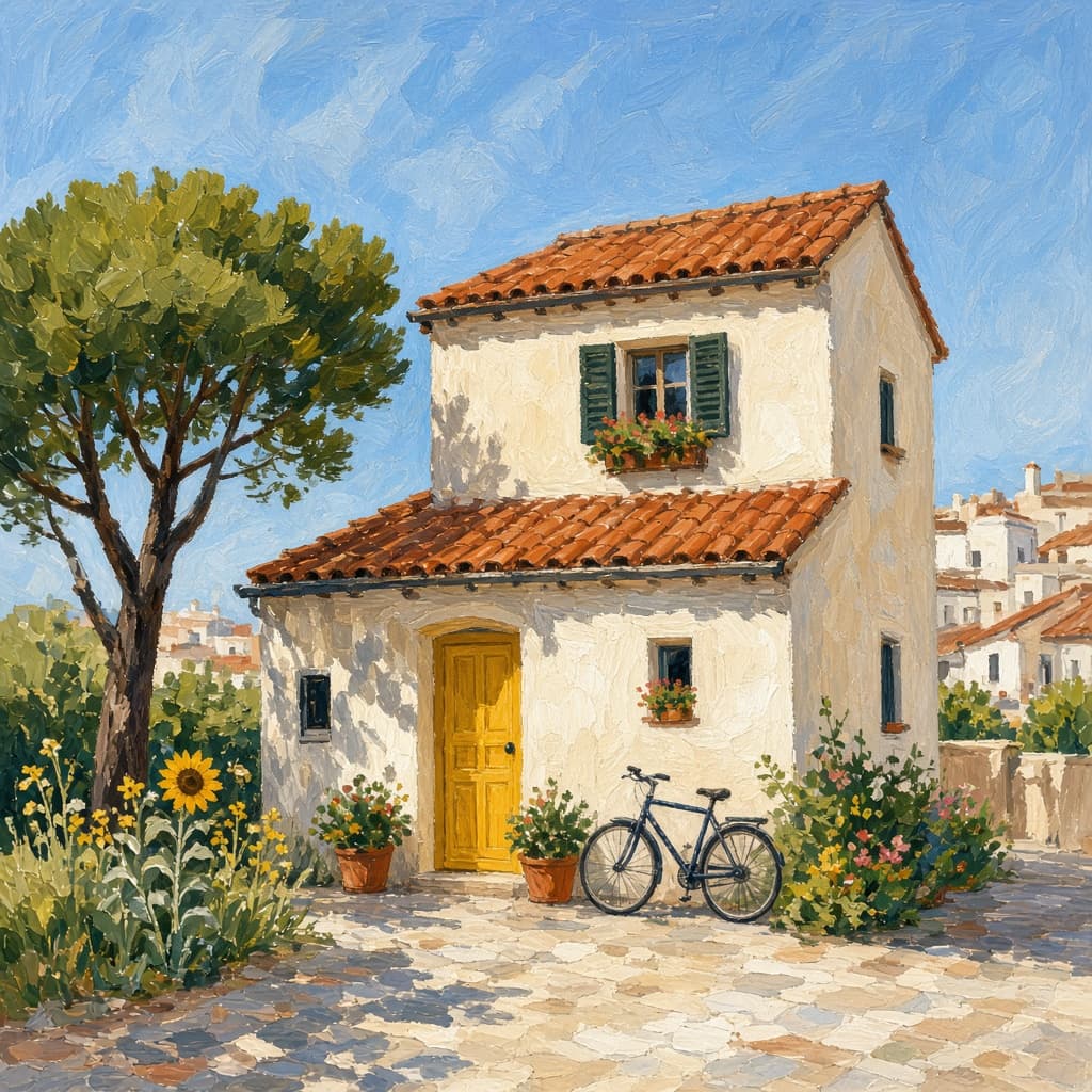 Casa con puerta amarilla y una bicicleta en la entrada