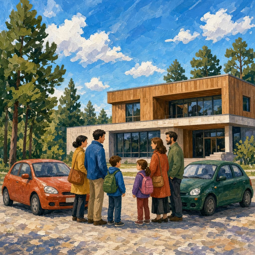 Dos familias saludándose entre dos coches